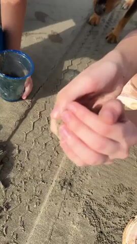 A close-up shot focuses on a child's hands holding a clump of wet sand. The child's fingers are slightly cupped, and they are manipulating the sand. In the background, another person's legs and feet are visible, wearing pink shoes. To the left, a small blue container is also visible. The ground appears to be sandy and damp, with tire tracks or similar markings present. The lighting suggests it is daytime, possibly outdoors.