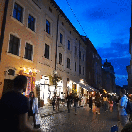 Evening foot traffic around Lviv's Rynok Square