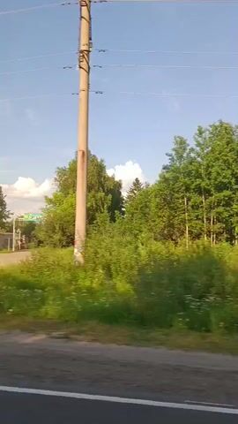 The video is taken from a moving vehicle, likely a car. It captures a roadside view of a rural landscape. In the foreground, a dark asphalt road with a white stripe is visible. Beyond the road, lush green vegetation, including tall grass and trees, lines the side of the road. In the background, several houses with white and red roofs are scattered among the trees. The sky is blue with scattered white clouds, and several power lines are visible stretching across the frame. The time stamps indicate a continuous recording of the scene from a fixed perspective relative to the vehicle.