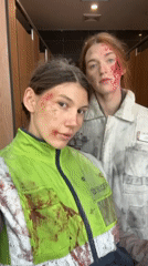 Film production with fake blood makeup documented in Qingdao