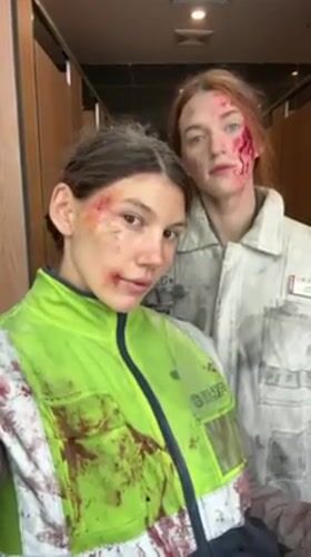 Film production with fake blood makeup documented in Qingdao