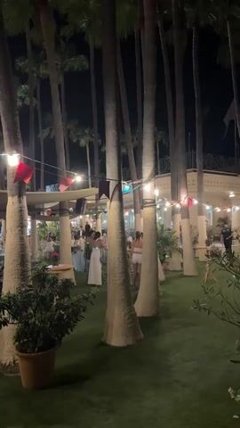 This media file depicts an outdoor evening event set amongst a grove of palm trees. The scene is illuminated by strings of festive lights and colorful pennant banners strung between the trees and over a covered area. Several tables are set up on a grassy lawn, suggesting a gathering such as a party, wedding reception, or outdoor dining event. People are visible mingling and seated at tables, dressed in semi-formal attire. The lighting and the presence of palm trees point to a warm-weather location, consistent with the provided location context of Playa Del Sol-Villacana, Spain. The time of day is clearly night due to the darkness and artificial lighting. The overall atmosphere appears festive and convivial. There is no visible text in the media file.