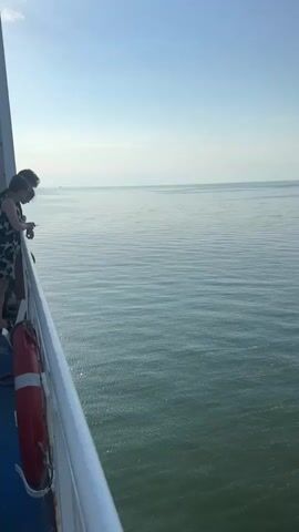 This video shows a view from a boat moving through calm water. In the foreground, a white railing runs along the edge of the boat. A life preserver is attached to the railing. Two people, a man and a woman, are standing at the railing, looking out at the water. The water is a deep green color and has long, swirling lines of lighter colored material in it. The sky is clear and blue, with a few wispy clouds visible in the distance. The sun appears to be setting, casting a soft light over the scene.