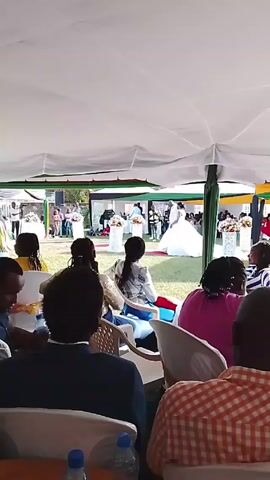 Underneath a white canopy decorated with green and yellow fabric, a wedding ceremony is taking place. A bride in a large white gown walks across a lawn towards the wedding party. Attendees are seated on white plastic chairs, watching the ceremony. Tables with water bottles are visible. The environment appears to be outdoors with green grass and trees in the background. The overall atmosphere seems celebratory.