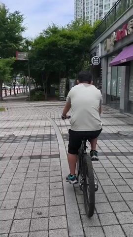 A person is riding a bicycle on a paved sidewalk. The person is wearing a light-colored t-shirt and dark shorts. The bicycle is dark-colored. The sidewalk is made of light-colored square tiles with a darker border. Trees and buildings are visible in the background. The sky is cloudy.