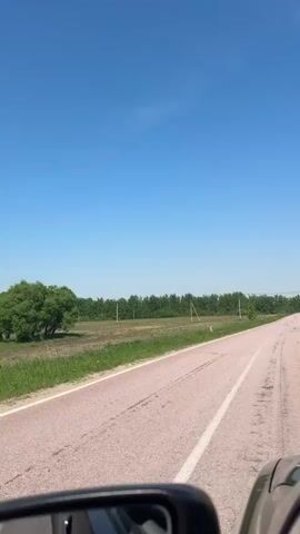 The camera is mounted on a vehicle driving on a rural road. The road is asphalt, with a white line marking the lanes. The surrounding environment consists of a field and a line of trees in the distance. The sky is clear blue. The video is captured during the day in bright sunlight. The camera is positioned to the side of the vehicle, capturing the road and the landscape passing by.