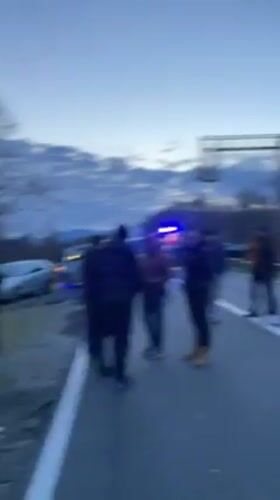 Traffic jam blocks highway near railway in Bistrice, Montenegro