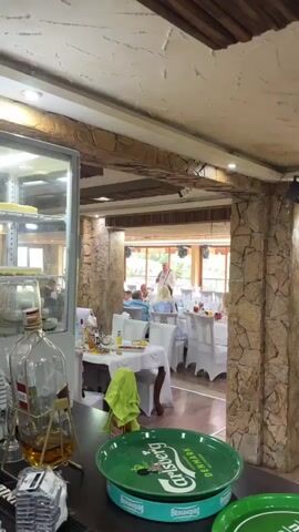 The video shows an indoor scene of a restaurant or event hall with a performance taking place. In the foreground, a table is set with food and drinks, and a green Carlsberg tray is visible. The walls are adorned with stone and wooden beams, and the ceiling has a textured finish. In the background, a man dressed in a traditional outfit is singing or speaking into a microphone, facing an audience seated at tables covered with white tablecloths. The audience members appear to be engaged with the performance. Natural light streams in from large windows at the back of the room, illuminating the scene and offering a view of greenery outside. The atmosphere seems festive.