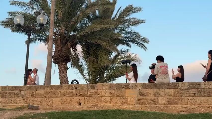 The video shows a wide shot of a group of people on a stone wall with palm trees in the background and a clear blue sky. On the left, a couple is embracing, with one person kissing the other's forehead. To their right, a person holds a camera on a gimbal, filming the couple. Further to the right, several other individuals are seated on the wall, some looking at their phones, one appearing to take a photo. The scene is set during daylight, possibly late afternoon or early evening, given the soft lighting. The environment suggests a coastal or park setting, with greenery visible in the foreground.