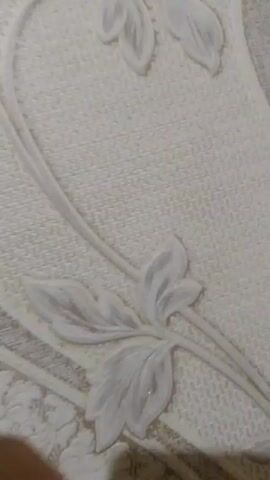 The video shows a close-up view of a textured wallpaper with a floral design. The wallpaper is predominantly light beige or off-white, with a raised floral pattern in a slightly darker shade. The design features curved lines, leaves, and a prominent flower. The camera moves slightly to show more of the wallpaper pattern. A hand enters the frame briefly at the bottom left corner. The wallpaper seems to have a subtle shimmering effect.