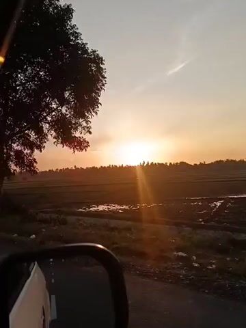 A car is driving on a road at sunset. On the right side of the road, there is a field that appears to have some water in it. Beyond the field, there are trees silhouetted against the setting sun. The sky is a mix of orange and yellow. The camera is inside the car, showing the side mirror and part of the steering wheel. The view is looking out towards the sunset and the surrounding landscape. As the car moves, the scenery shifts, revealing more of the fields and the distant treeline. In the distance, there appears to be a communications tower. The road itself is dark gray.