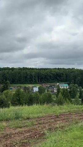 This video provides a serene, panoramic view of a rural landscape, likely a village in Pychas, Russia, on an overcast day. No people are visible in the scene.

The shot opens from an elevated vantage point, looking down over a freshly tilled, dark brown field in the immediate foreground, which transitions into a slope of lush green grass dotted with wildflowers. Below this incline, a quaint village unfolds across a valley and extends up gentle hills. The village is composed of numerous houses of various sizes and architectural styles, many featuring roofs in hues of blue, red, and green, adding subtle pops of color to the otherwise natural palette. These homes are nestled among abundant trees and rich greenery, indicating a well-integrated natural environment.

A dense, dark green forest stretches across the distant horizon, serving as a continuous backdrop that frames the village and emphasizes its secluded, pastoral setting. The sky throughout the video is completely covered by thick, gray clouds, suggesting an overcast daytime, which contributes to the tranquil and somewhat muted atmosphere of the scene.

The camera executes a slow, deliberate pan from left to right, gradually revealing more of the expansive village and the surrounding natural terrain. This smooth motion showcases the spread of homes and the undulating contours of the landscape, highlighting the peaceful integration of human habitation with the natural world. No discernible text is visible within the video frame.