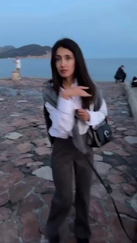 A woman wearing a white shirt, gray sweater, and dark pants stands on a stone pier with a small brown dog. She has a black purse slung over her shoulder.  The pier is made of irregular reddish-brown stones.  In the background is a calm body of water with mountains and buildings along the shoreline. Several boats are visible on the water. There are other people in the background, including someone fishing. The time of day appears to be dusk or early evening. The woman adjusts her hair and sweater. The dog sniffs the ground. The camera pans slightly to show the wider view of the harbor.