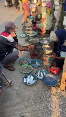 The video shows an outdoor market scene. In the foreground, a man wearing a cap and a black, white, and red jacket is crouched down, facing a woman who is also crouched down and wearing a blue hijab. They are positioned in front of several shallow bowls filled with fish and what appear to be small shrimp. A red scale is placed between them. The man is looking at the woman as she works with the scale. In the background, several other people are visible, some standing and some crouching, near stalls selling various items. There are motorcycles and buildings in the distance. The ground is paved, and there are wooden structures and a blue tarp to the right. The lighting suggests it is daytime, possibly late afternoon, with warm sunlight casting shadows. The overall atmosphere appears to be that of a busy, local market.