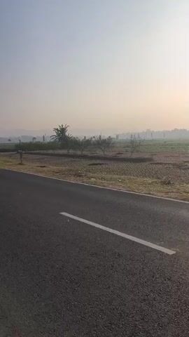 This is a handheld video taken from a moving vehicle, likely a car, on a paved road. The camera is angled to capture the roadside environment. On the left, there is a dark-colored car, possibly black, driving alongside. The car is partially obscured by the perspective of the video. The right side of the video shows a rural landscape with fields, some of which appear to be cultivated with young crops. There are scattered trees and vegetation, and a faint haze is visible in the distance, suggesting either early morning mist or light pollution. The sky is clear and bright, with the sun appearing as a strong, diffused light source in the upper right quadrant of the frame. The road itself is asphalt with a white line marking the lane. The movement of the vehicle creates a slight blur effect on the surroundings, indicating motion.