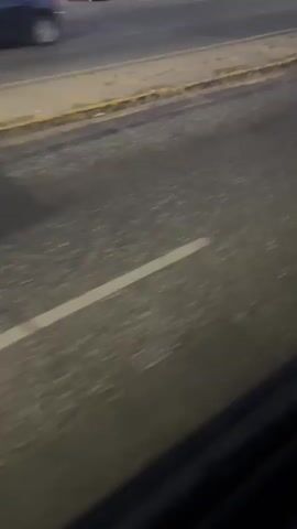 The video presents a street scene viewed from a moving vehicle, likely a car or bus, at dusk or early night in Cordoba, Argentina. The camera's perspective is from inside the vehicle, looking out onto the road.

Several cars are visible driving on the street: a white two-door car with its taillights on passes by, followed by another white car in the distance, and then a light-colored SUV with its headlights on. The road is asphalt, marked with a continuous white line and a yellow line separating the traffic lanes from the curb. A sidewalk, partially visible on the left, features some sparse vegetation and faint, blurry structures or buildings in the background. The lighting suggests late evening or early morning, with ambient light fading and car lights becoming more prominent. No specific text on signs or vehicles is clearly discernible. Background music, possibly Latin, is audible throughout the video.