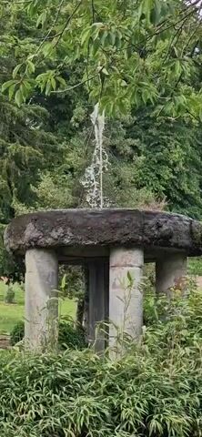 A video clip shows a fountain in a garden. The fountain has a rough, weathered stone basin supported by three concrete pillars. Water sprays upward from the center of the basin, forming a thin stream that arcs and falls back into the basin. Lush green foliage surrounds the fountain, with trees and bushes visible in the background. The scene is tranquil and natural, with the sound of the water adding to the peaceful atmosphere.