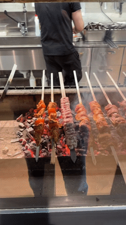 Skewers cooking over hot coals on a Riga grill
