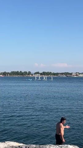 A shirtless man stands on a rocky shore, facing a body of water. He gestures with his right hand, then brings his hand to his mouth. In the distance, several sailboats with white sails are visible on the water. A line of trees and buildings forms the shoreline in the background, under a clear blue sky.