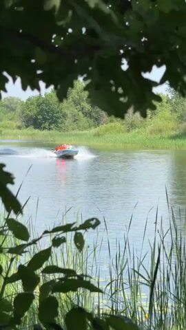 A speedboat with several people wearing life vests speeds across a calm lake, creating a white spray. The boat is a light blue color with an orange interior. Lush green trees and vegetation line the shore in the background. The foreground is partially obscured by the leaves of an oak tree and tall reeds along the water's edge. The sky is a bright blue with a few clouds. The lighting suggests it is daytime, likely midday. The overall scene depicts a recreational activity on a body of water in a natural setting.