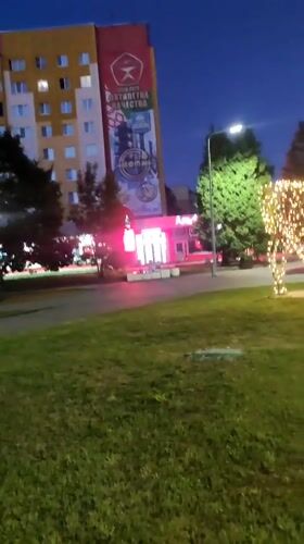 Evening streets of Navapolatsk, Belarus, lit up at dusk