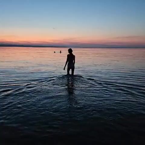 A silhouette of a person stands in the water at dusk, facing away from the camera. The water is dark and reflects the sky, which is a gradient of orange, pink, and blue. Ripples emanate from the person, suggesting movement. In the distance, two smaller silhouettes are visible in the water. The camera is positioned low, near the water's surface, and a dark shape that appears to be a dog's head is in the foreground.