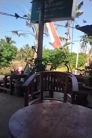 A video taken from a seated perspective shows a sunlit outdoor scene. A wooden chair and table are in the foreground. In the middle ground, a sign with "ST CARGO" is visible on a pole, with a red and white flag attached. Beyond the sign are palm trees and lush green foliage. A road runs horizontally across the scene. On the road, two people on a motorcycle are traveling from left to right. The sky is blue with some wires crossing the frame. To the left, wooden benches and tables are visible, with a person wearing a red shirt standing near them. The ground is a dirt or gravel surface.