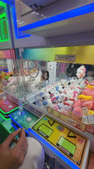 Person plays claw machine at neon-lit Seoul arcade