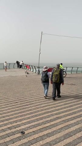 The scene is a wide shot of a seaside promenade on a slightly overcast day. The promenade has a patterned brick surface with alternating dark and light stripes. A couple, both wearing backpacks, is walking away from the camera along the promenade. A cyclist in a bright green jacket is riding a mountain bike past them. To the left of the couple, near a railing overlooking the sea, a few people are standing and looking out at the water. There are also a few pigeons on the promenade. A sign with red lettering is visible along the railing. The sea in the background is hazy and merges with the sky, creating a muted, indistinct horizon. A thin pole with a wire attached to the top stands near the railing.