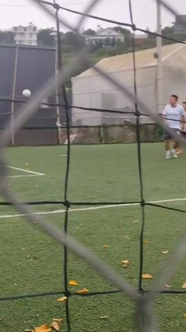 A person is on a turf soccer field, holding a soccer ball. The person is wearing a black jacket and red shorts. There are other people on the field, and a net is in the foreground. The weather appears overcast.