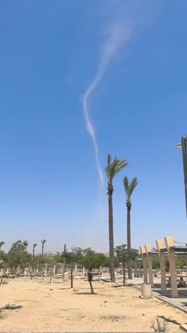 The video shows a clear blue sky with a thin, swirling cloud formation extending upwards from near the tops of two tall palm trees. The scene appears to be an outdoor park or recreational area with sandy ground, scattered trees, picnic tables, and shade structures. The cloud is white and wispy, tapering to a fine point high in the sky.