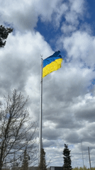Ukrainian flag flies in Vorzel amid cloudy skies