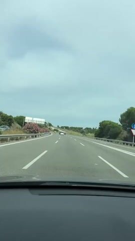 The video, shot from inside a car on a highway, shows the road ahead with multiple lanes and a clear sky with scattered clouds. On the left side of the highway, a guardrail runs alongside a sloping hill covered in green foliage and pink flowers. There's an overhead sign structure without signs visible on the left. In the distance, several cars are driving on the highway, with one yellow car particularly noticeable. The landscape is primarily green with some trees visible on both sides of the road. The video has a slight shake due to the movement of the car.