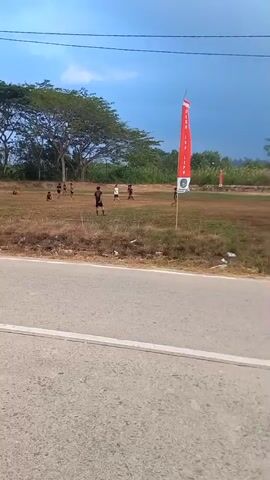A person is seen running on a dry grass field. They are wearing dark clothing and appear to be kicking a ball. There are other people in the background, also on the field, some are running and some are standing. The field is mostly dry with some patches of green grass. There are trees in the background and a cloudy sky above. A red and white flag is planted on a pole to the right of the frame. The overall impression is that of an outdoor sports activity taking place on a warm, possibly windy day.