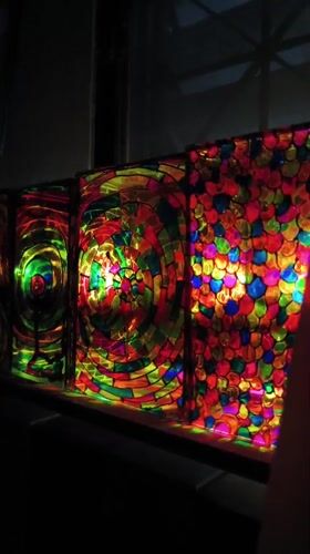 Colorful mosaic lamp creates vibrant light patterns in Bangkok