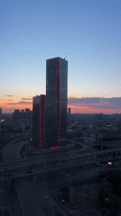 Evening skyline documentation captures Khimki's modern towers at dusk
