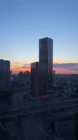 Evening skyline documentation captures Khimki's modern towers at dusk