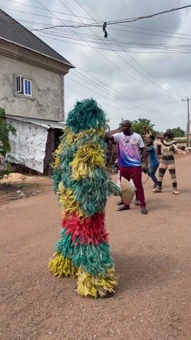 Here's a description of the video:

The video shows a street scene in what appears to be a village or small town. A person dressed in a full-body costume made of colorful fibers (green, yellow, red) is walking down a red dirt road. They are carrying a wooden stick and what looks like a woven fan. 

Several other people are present. Some are walking nearby, one is wearing a purple and white patterned outfit. There is a blue truck on the side of the road. Some individuals are gathered in front of a small, weathered building. Power lines run above the street. The overall atmosphere seems lively, with some commotion and background noise. The sky is overcast.