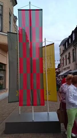 This is a medium-shot video of flags on a street. The video is taken from a low angle, looking up at the flags. The flags are tall and narrow, and they are displayed on poles. The flags are red and green, and they are checkered. There are other flags in the background, including a yellow flag with writing on it. There are also people in the background, walking on the street. The street is paved with cobblestones, and there are buildings on either side of the street. The sky is cloudy.