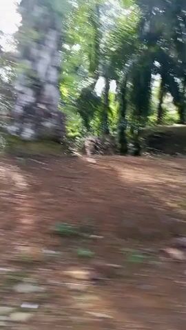 The video shows a first-person perspective of someone moving through a somewhat unkempt area with sparse vegetation and dirt paths. There are tall trees, possibly palm trees, and some lower bushes. In the distance, a rustic structure with a corrugated metal roof and wooden supports is visible. A sign with text is attached to this structure. Further down, a small house with a green wall and a darker roof is seen, along with some parked motorcycles. The ground is primarily dirt and gravel, with some scattered debris. The lighting suggests it is daytime.