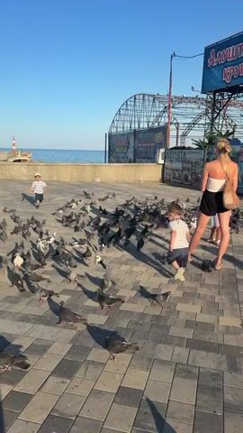 In a paved outdoor area with a checkered stone pattern, two young children are playfully chasing a flock of pigeons. The children are dressed in casual summer clothing, and the pigeons are scattered across the ground, some taking flight as the children approach. In the background, a body of water, likely the sea, is visible under a clear blue sky. A woman stands to the right, observing the scene. There are also structures resembling the supports of a pier or an amusement park ride in the background, along with advertising billboards. The overall impression is a lively, sunny day at a seaside location.