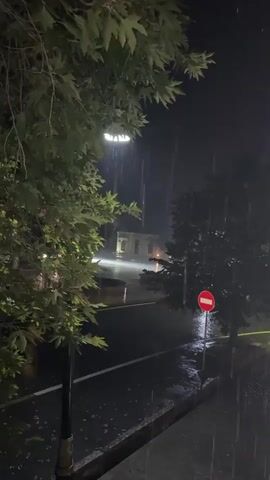 A street lamp illuminates a road at night in heavy rain. Trees with green leaves line the street. A red and white "no entry" sign is visible on the right side of the road. The road is wet and reflects the light from the street lamp.