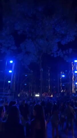 The video shows a nighttime outdoor concert or festival. A large crowd of people are gathered, silhouetted against a stage with scaffolding and lighting rigs. The lighting shifts between darkness and bright blue spotlights that illuminate the stage and parts of the crowd. A large tree is visible in the background, partially obscuring the stage and sky. The overall atmosphere appears to be lively and energetic.