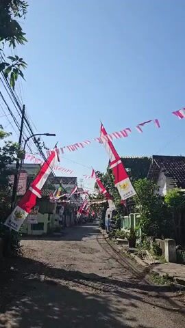 The video shows a street decorated with Indonesian flags and red and white streamers. The flags are strung across the street and attached to poles and buildings. The street is paved and appears to be in a residential area, with houses visible on either side. There are power lines overhead, and trees are present. The sky is clear and blue, indicating sunny weather. The camera is moving forward, giving a sense of walking down the street. There is a blue van parked on the right side of the street. No people are clearly visible in the video, although there is a suggestion of movement further down the street. The overall impression is one of celebration or commemoration, likely related to Indonesian Independence Day.