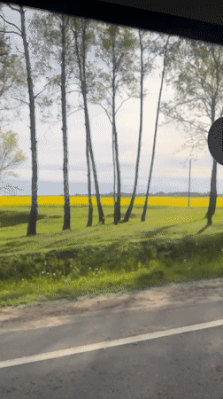 Vehicle travels rural road near Minsk, Belarus early morning