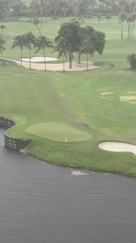 An aerial view captures a golf course during a rain shower. The foreground features a body of water with ripples on its surface, indicating the ongoing rain. Adjacent to the water is a manicured green golf course, with a sand bunker and a putting green visible. A white flag marks the hole on the putting green. Further in the background, palm trees and other trees dot the landscape, with more sand bunkers and fairway visible. The overall scene is a lush green golf course under a gray, rainy sky.