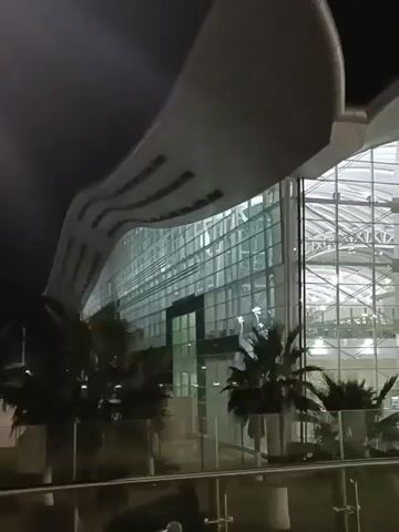 The video shows an exterior night shot of a modern building, possibly an airport terminal, with a distinctive curving roof design. The building's facade is primarily glass and steel, illuminated from within. Palm trees are planted along the base of the building. A pedestrian walkway, with a metal and glass railing, is visible in the foreground, leading away from the camera. Streetlights illuminate the walkway. The sky is dark, suggesting it is nighttime. The camera pans slightly to the right, providing a broader view of the building's architecture and the surrounding landscape.