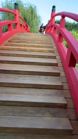 A low-angle shot captures a wooden bridge with red railings arching upwards. Two people are seen walking across the bridge. The person in front is wearing dark clothing and a pink backpack, while the person behind them is in dark clothing. Lush green trees and foliage surround the bridge, set against a clear blue sky. The camera angle focuses on the wooden planks of the bridge as it rises towards the individuals.