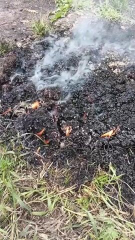A pile of smoldering material, likely compost or debris, is burning in an outdoor setting. Flames are visible within the pile, and smoke is rising from it. The ground around the pile is covered with dry grass and dirt. The video is shaky and appears to have been taken at close range.