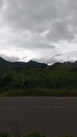 This media file features a scenic view of a volcano on a cloudy day. The foreground is dominated by a paved road and lush green vegetation, including tall grasses and bushes. In the background, a majestic volcano rises, its peak partially obscured by swirling clouds. The overall atmosphere is serene and somewhat dramatic due to the moody weather. The time of day appears to be late afternoon or early evening, given the soft, diffused light. The location is identified as Karangrejo, Indonesia, suggesting a tropical or subtropical climate. No people or specific objects are the focus, but the natural landscape is the primary subject. The weather is overcast with heavy clouds, creating a somber yet beautiful visual. There is no visible text in the media file.